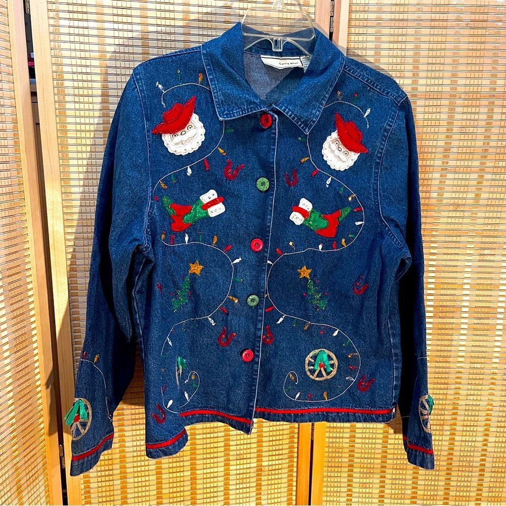 Vintage Western Themed Santa Blue Jean Jacket XL